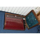 TWO GLAZED SHOP DISPLAY CASES, one has a curved front, oak frame and red velvet lining, lockable