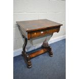 A VICTORIAN FLAME MAHOGANY WORK TABLE, with a single drawer, above a fabric sewing drawer, on twin