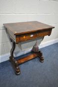 A VICTORIAN FLAME MAHOGANY WORK TABLE, with a single drawer, above a fabric sewing drawer, on twin