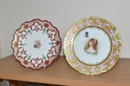 TWO CABINET PLATES, comprising a Dresden style cabinet plate painted with a bust of a woman,