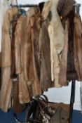 ONE RAIL OF LADIES' FUR COATS AND HANDBAGS, to include thirteen coats and jackets, three are faux