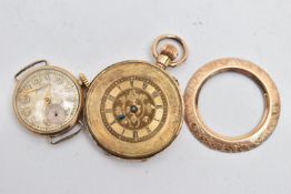 A 9CT GOLD WATCH HEAD, DOUBLE SIDED PHOTO LOCKET AND A YELLOW METAL LADYS POCKET WATCH, to include a