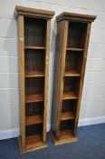 A PAIR SHEESHAM SLIM OPEN BOOKCASES width 42cm x depth 31cm x height 183cm (condition some