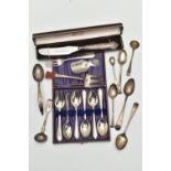 A PARCEL OF CASED AND LOOSE SILVER CUTLERY AND FLATWARE, including a cased set of six George VI