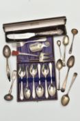 A PARCEL OF CASED AND LOOSE SILVER CUTLERY AND FLATWARE, including a cased set of six George VI