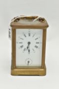 A FRENCH BRASS CARRIAGE ALARM CLOCK, key wound clock, Roman and Arabic numerals, subsidiary
