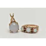 A 9CT GOLD OPAL AND GARNET RING AND A CHALCEDONY PENDANT, the ring set with three opal cabochons,