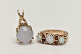 A 9CT GOLD OPAL AND GARNET RING AND A CHALCEDONY PENDANT, the ring set with three opal cabochons,