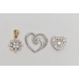 THREE DIAMOND SET PENDANTS, the first a 9ct white gold diamond set heart pendant, hallmarked 9ct