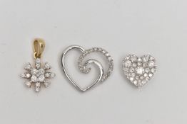 THREE DIAMOND SET PENDANTS, the first a 9ct white gold diamond set heart pendant, hallmarked 9ct