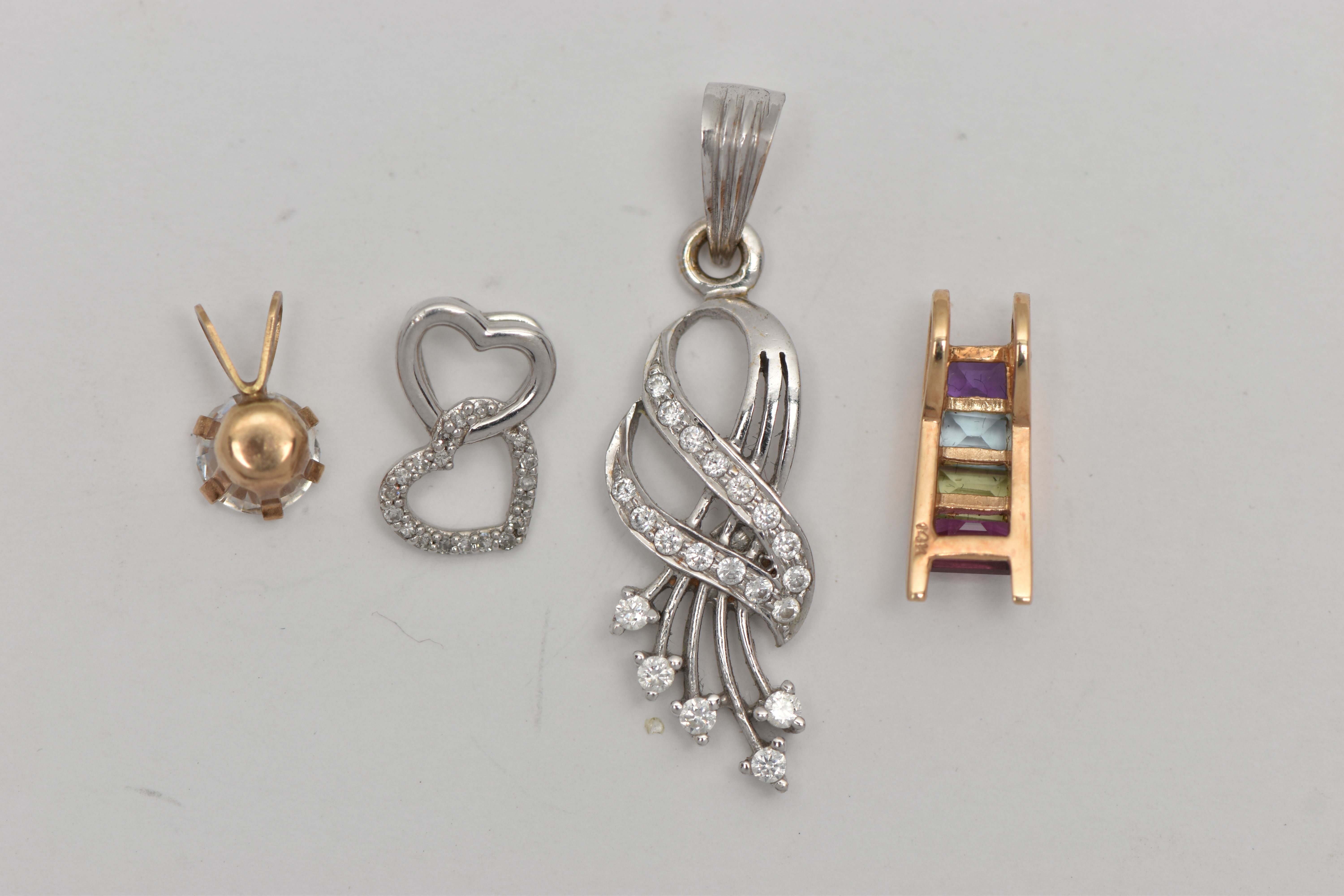 FOUR PENDANTS, to include a yellow metal curved pendant set with peridot, amethyst, topaz, - Image 3 of 3