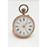 AN EARLY 20TH CENTURY LADYS OPEN FACE POCKET WATCH, the white face with black Roman numerals and