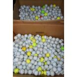 TWO BOXES OF GOLF BALLS, a quantity with brands to include Dunlop, Wilson, Titleist, Callaway,