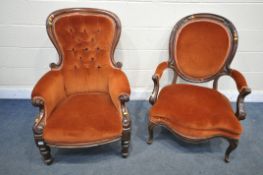 A VICTORIAN MAHOGANY SPOONBACK CHAIR, with orange upholstery, along with a Victorian open