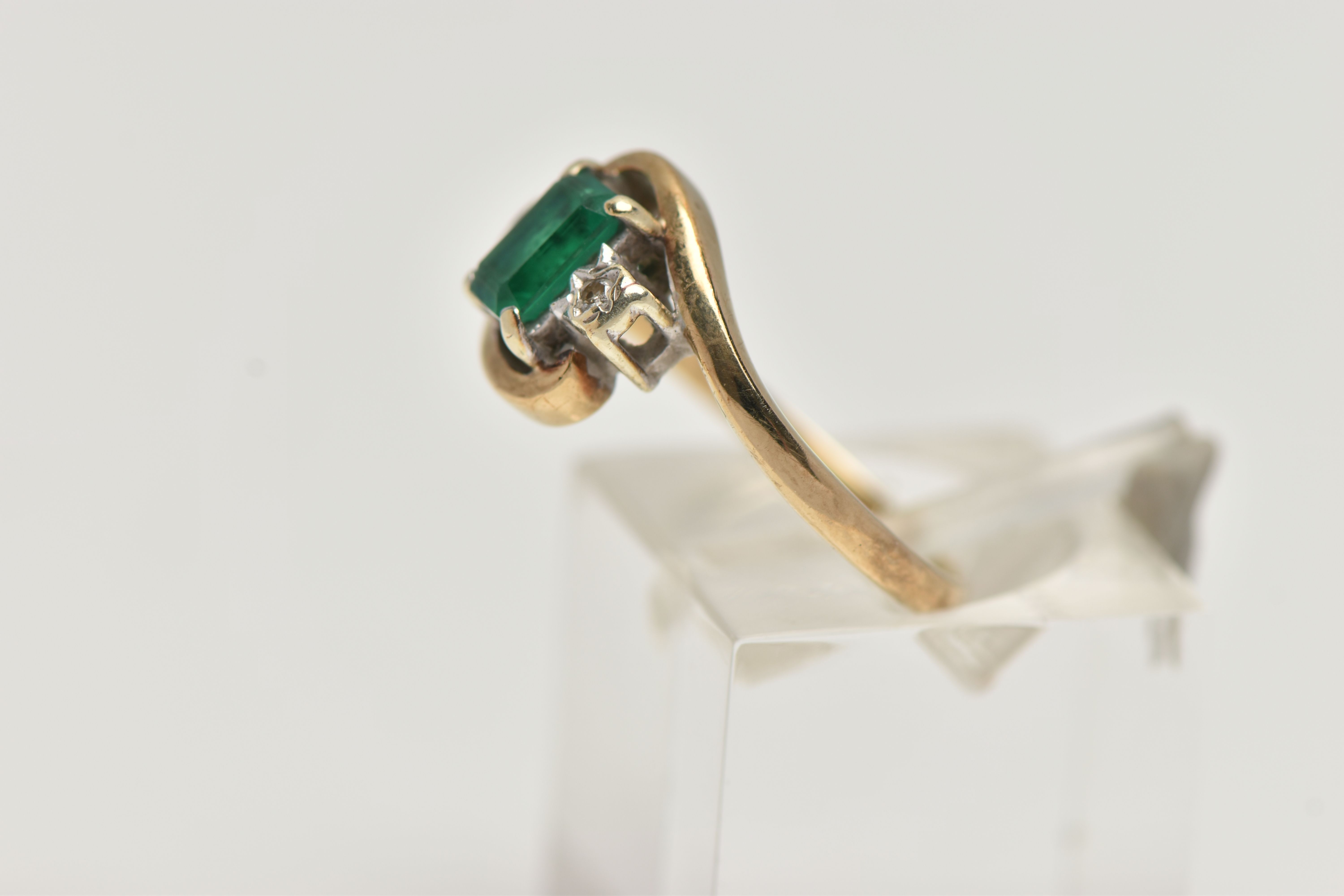 A 9CT GOLD EMERALD AND DIAMOND RING, designed with a rectangular cut emerald in a four claw setting, - Image 2 of 4