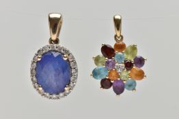 TWO 9CT GOLD GEM SET PENDANTS, the first an oval cluster designed with a four claw set oval cut