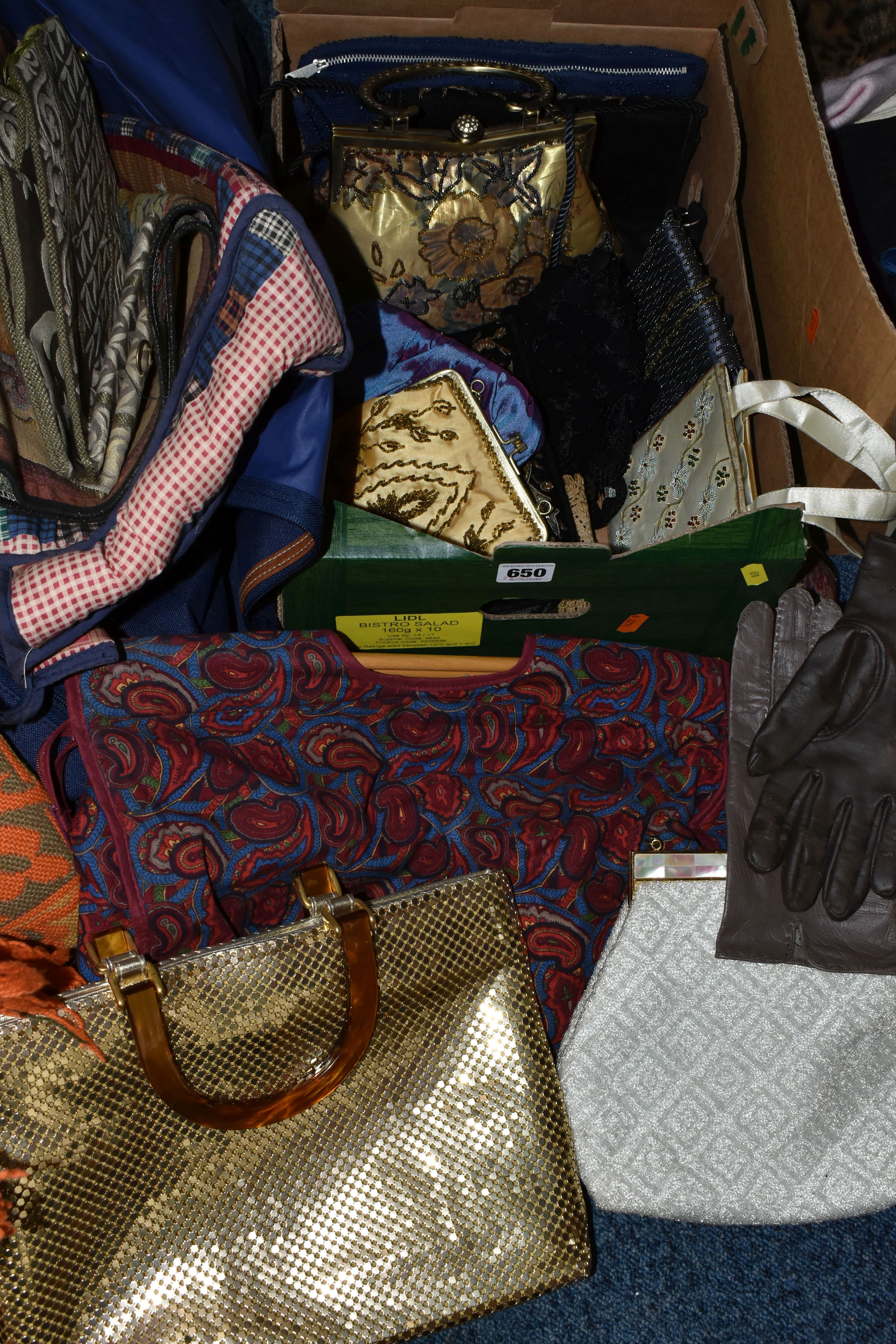 FIVE BOXES AND BAGS OF CLOTHING ACCESSORIES ETC, to include beaded handbags, a box of assorted - Image 6 of 7