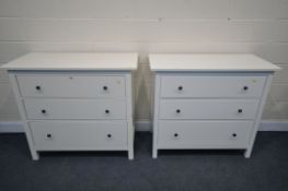 A PAIR OF WHITE FINISH IKEA CHEST OF THREE LONG DRAWERS, with black handles, width 110cm x depth
