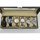 A WATCH DISPLAY CASE WITH SIX WRISTWATCHES, to include a 'Casio HD' fitted with a black rubber