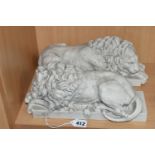A PAIR OF CHATSWORTH STYLE RECONSTITUTED MARBLE SCULPTURES OF RECUMBENT LIONS, in slightly different