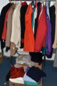 TWO BOXES AND LOOSE LADIES CLOTHING, TO INCLUDE COATS, GILETS AND JUMPERS ETC, coat brands include