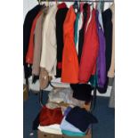 TWO BOXES AND LOOSE LADIES CLOTHING, TO INCLUDE COATS, GILETS AND JUMPERS ETC, coat brands include