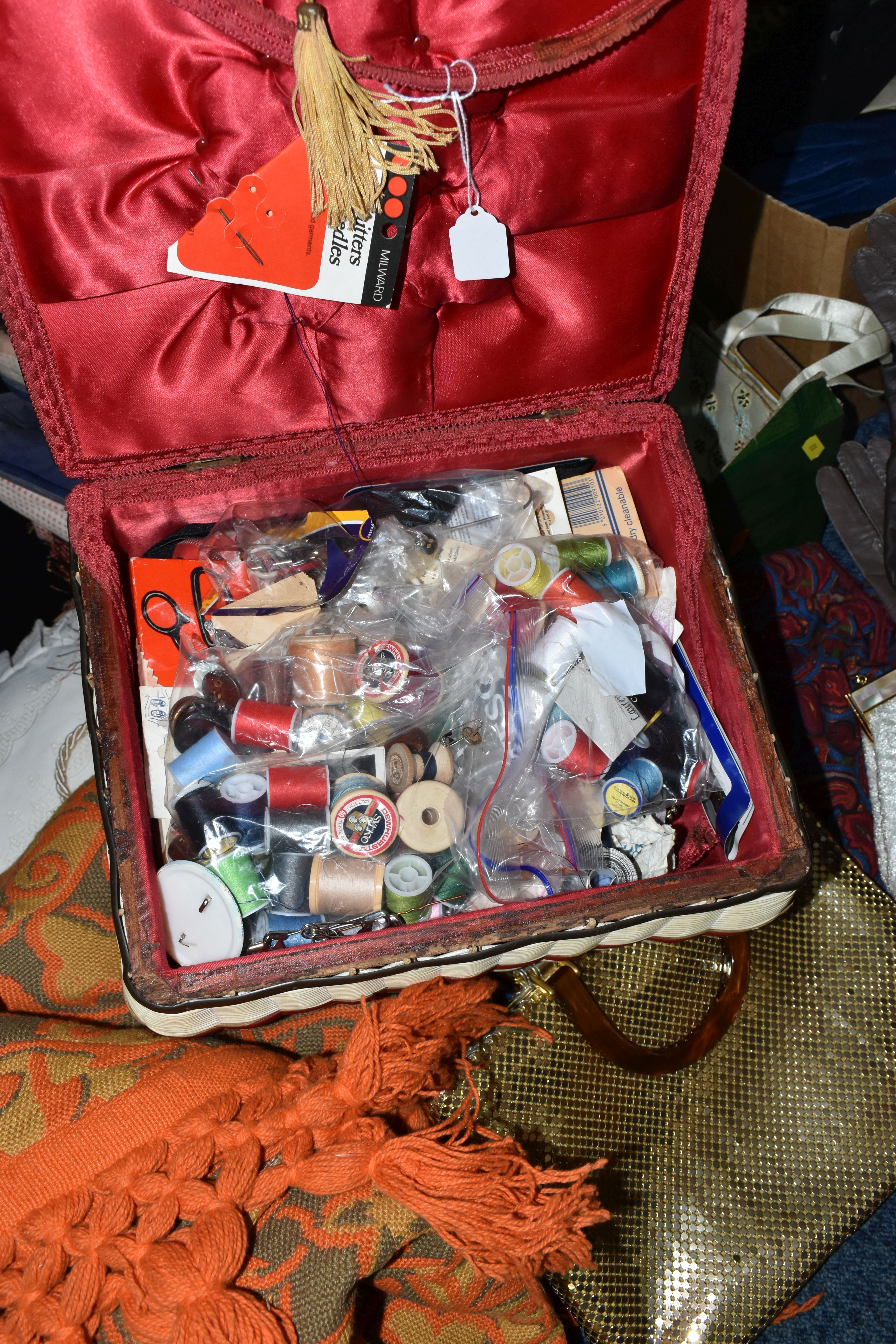 FIVE BOXES AND BAGS OF CLOTHING ACCESSORIES ETC, to include beaded handbags, a box of assorted - Image 5 of 7