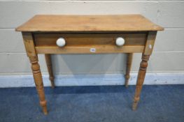 A VICTORIAN PINE SIDE TABLE, with a single drawer, width 89cm x depth 44cm x height 75cm (