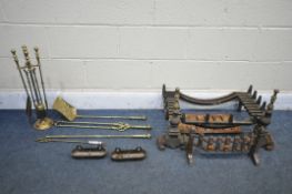 A BRASS FIVE PIECE COMPANION SET, along with a various other fire irons, fire grate and andirons,