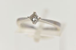 A 9CT WHITE GOLD SINGLE STONE DIAMOND RING, four claw set, princess cut diamond, estimated diamond