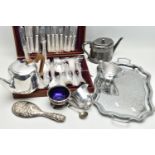 A BOX OF SILVER PLATE AND PICQUOT WARE, including a mahogany cased canteen of EPNS bead pattern