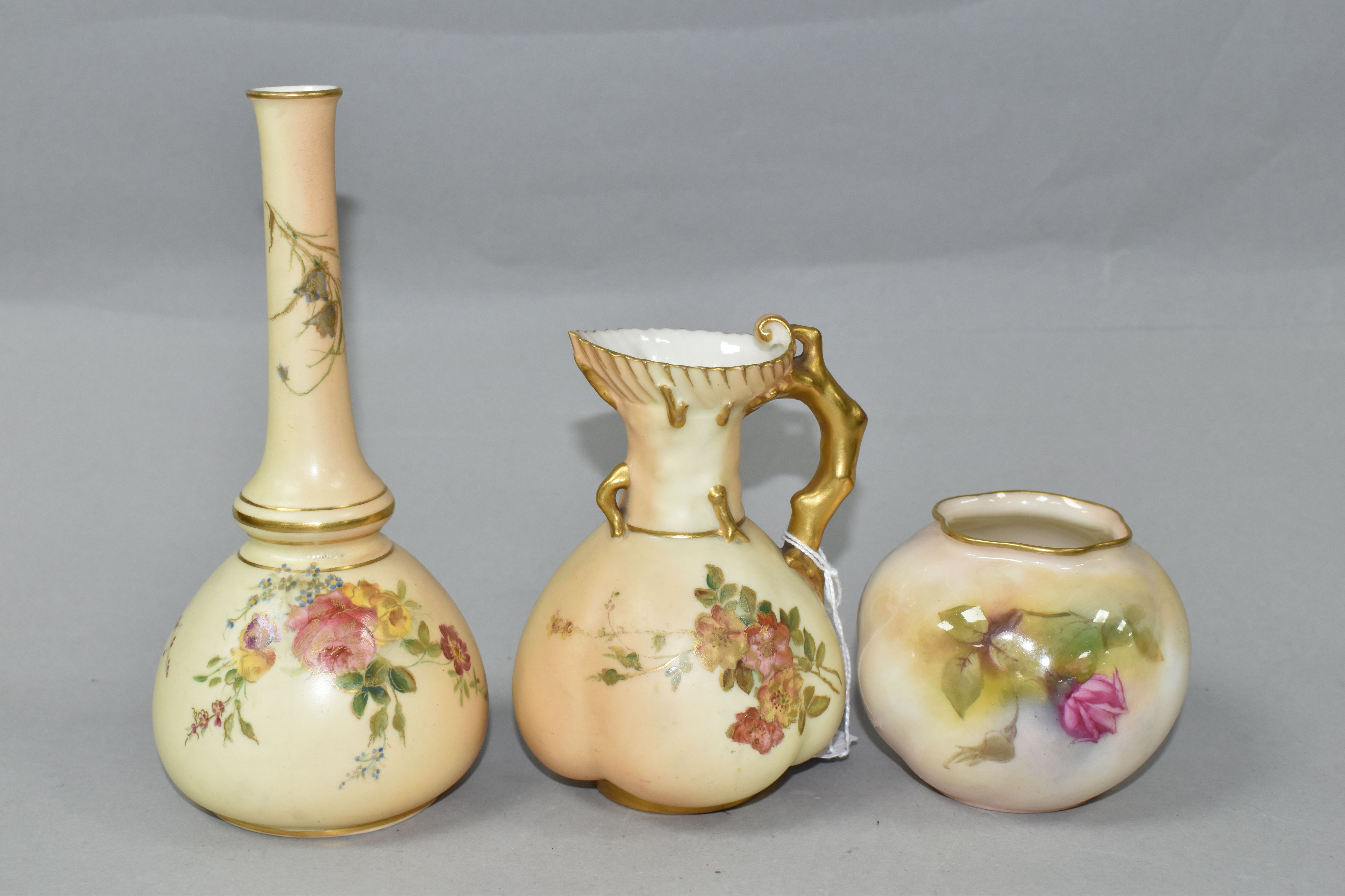 THREE PIECES OF ROYAL WORCESTER BLUSH IVORY PORCELAIN, comprising a jug with fluted rim and gilt - Image 2 of 5