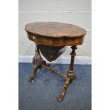 A LATE VICTORIAN BURR WALNUT AND MARQUETRY INLAID SEWING TABLE, the shaped quarter veneered lid