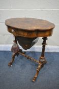 A LATE VICTORIAN BURR WALNUT AND MARQUETRY INLAID SEWING TABLE, the shaped quarter veneered lid