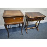 AN EARLY 20TH CENTURY OAK SEWING BOX, with a fitted interior, on cabriole legs, width 45cm x depth