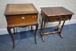 AN EARLY 20TH CENTURY OAK SEWING BOX, with a fitted interior, on cabriole legs, width 45cm x depth