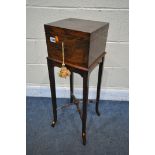 AN EARLY 20TH CENTURY MAHOGANY TOILET BOX ON STAND, the square box inlaid with patera to the top and
