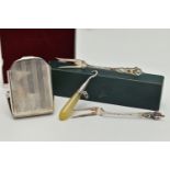 A GEORGE V SILVER MATCHBOOK CASE, TWO CANADIAN STERLING SILVER AND ENAMEL BUTTER FORKS AND A LATE