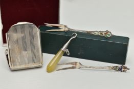 A GEORGE V SILVER MATCHBOOK CASE, TWO CANADIAN STERLING SILVER AND ENAMEL BUTTER FORKS AND A LATE