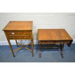 A YEWWOOD SIDE TABLE, with two drawers, width 49cm x depth 38cm x height 77cm, along with a yew wood