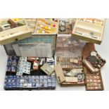 A BOX OF ASSORTED WATCH PARTS, SPARES AND REPAIRS, to include a tin of watch batteries, movements,