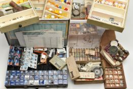 A BOX OF ASSORTED WATCH PARTS, SPARES AND REPAIRS, to include a tin of watch batteries, movements,