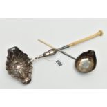 TWO 19TH CENTURY WHITE METAL PUNCH LADLES ON BONE HANDLES, one inset with a George II sixpence, on a