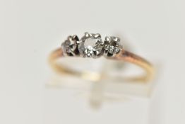 AN 18CT GOLD THREE STONE DIAMOND RING, three old cut diamonds in claw settings, estimated total