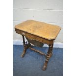 A LATE VICTORIAN WALNUT AND MARQUETRY INLAID WORK TABLE, with a fitted interior, and fretwork