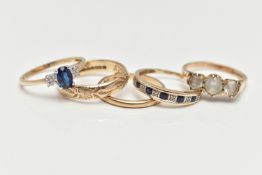 FIVE RINGS, to include a polished band hallmarked 9ct, ring size M 1/2, a textured wide band