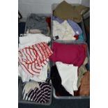 FIVE BOXES OF LADIES CLOTHING, to include a quantity of trousers, tops, sweaters, makers' names