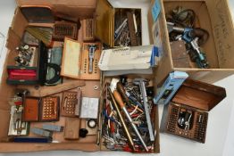 A BOX OF ASSORTED WATCH MAKING TOOLS AND EQUPIMENT, to include an electrical 'Eclipse' Demagnestiser