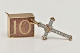 A 9CT GOLD DIAMOND CROSS PENDANT AND A MONEY CHARM, the cross set with single cut diamond detail,