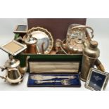 A BOX OF SILVER PLATE, ETC, including a Victorian silver plated melon shaped spirit kettle on stand,